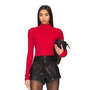 FRAME Mesh Lace Turtleneck Top Cherry Red Long Sleeve